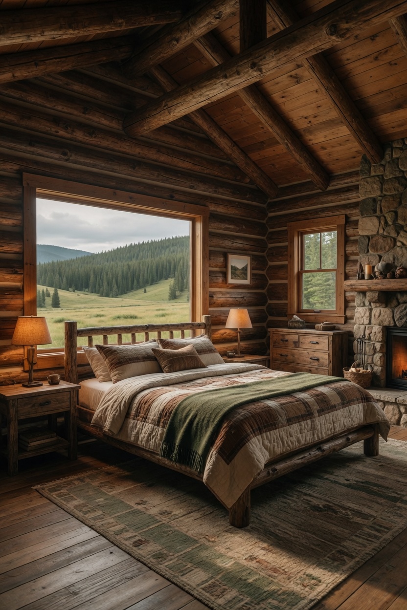 Cozy bedroom inside mountain log cabin with rustic wooden bed