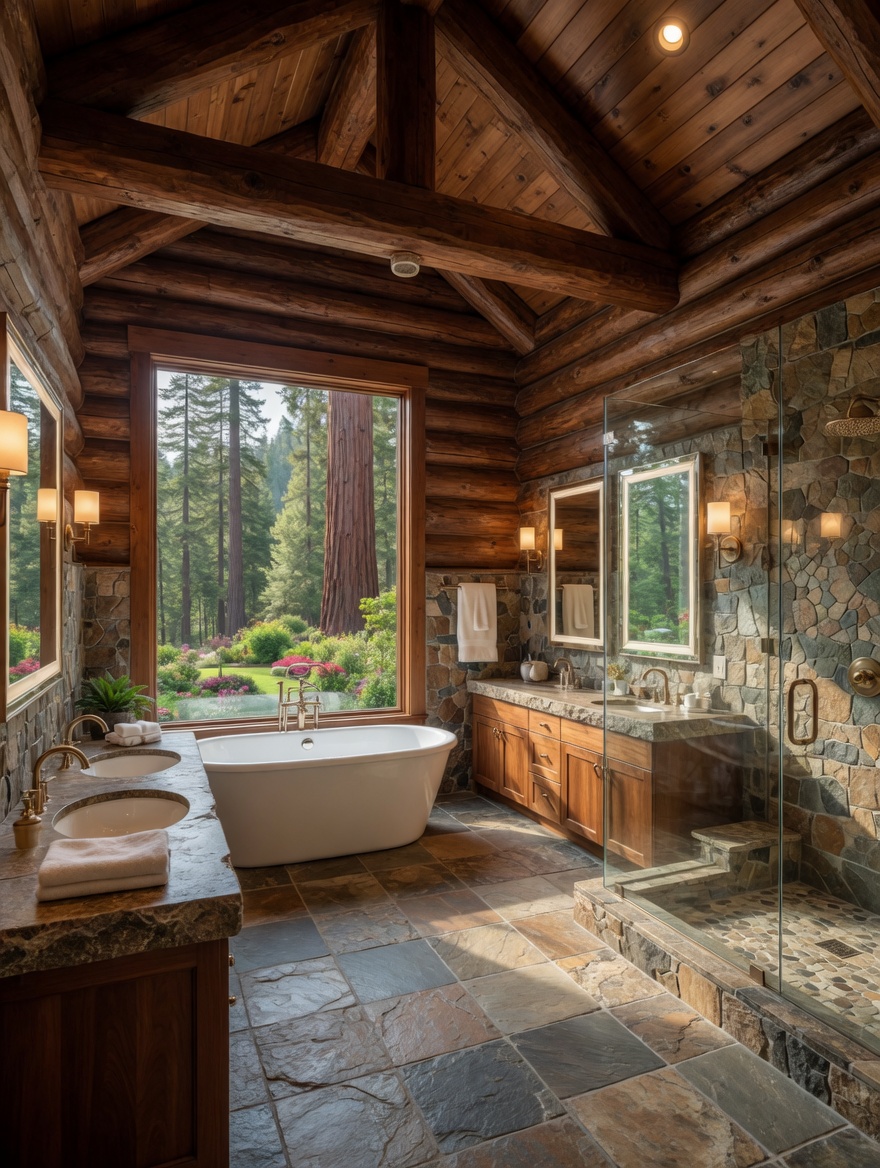 Luxury log cabin master bedroom with four-poster bed and forest view