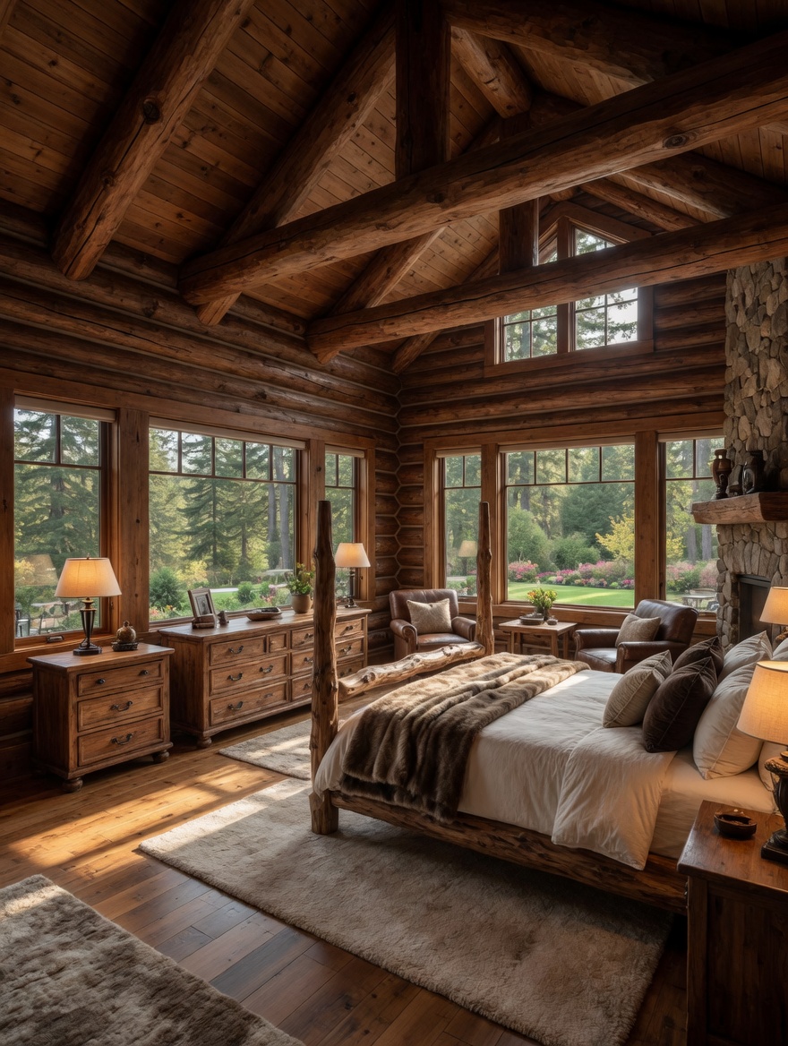 Rustic luxury log cabin kitchen with wood island and forest views