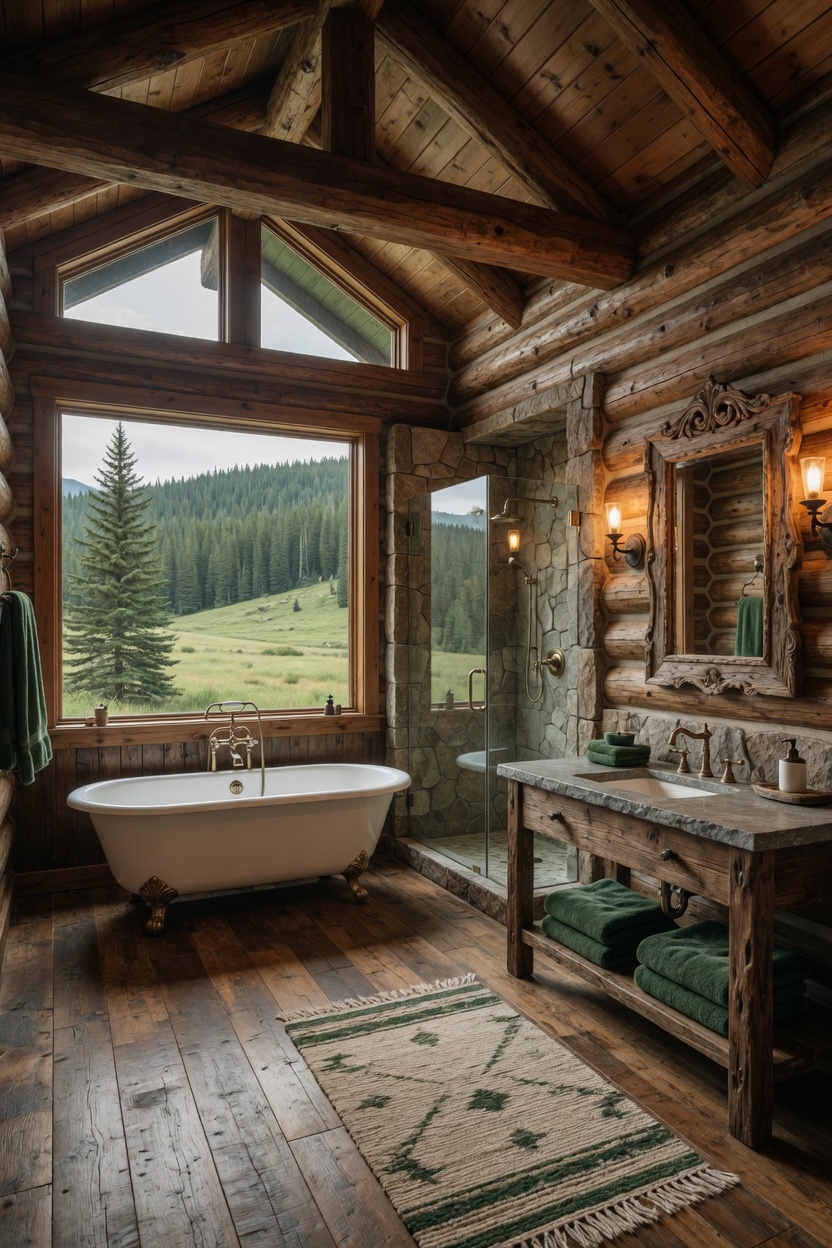 Luxury bathroom in rustic mountain log cabin with clawfoot tub