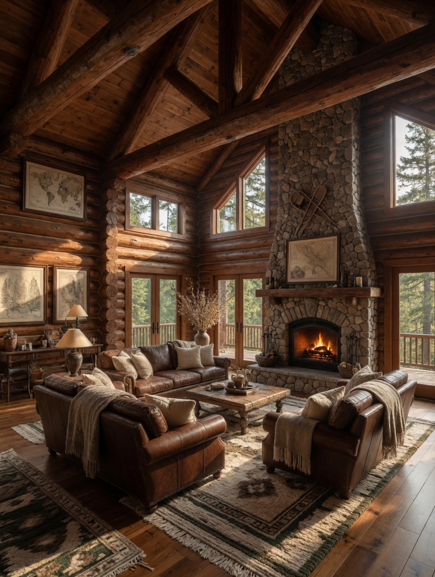 Rustic luxury log cabin exterior with stone foundation and forest views