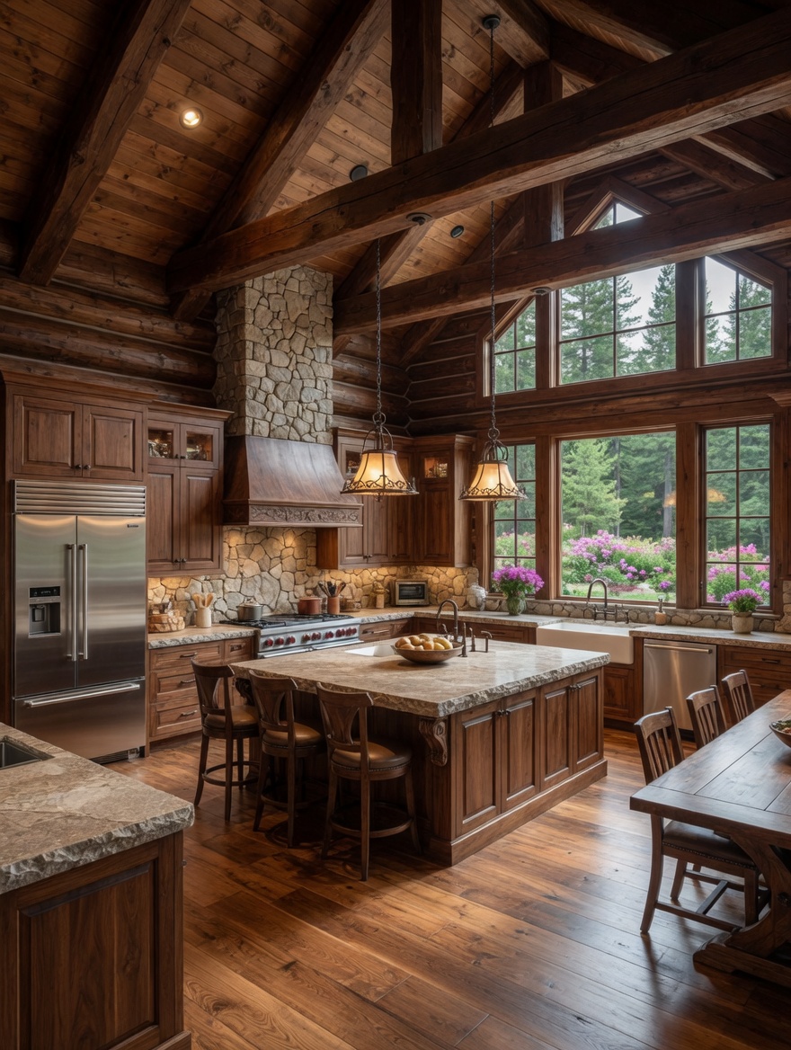 Luxury log cabin living room with stone fireplace and leather sofas