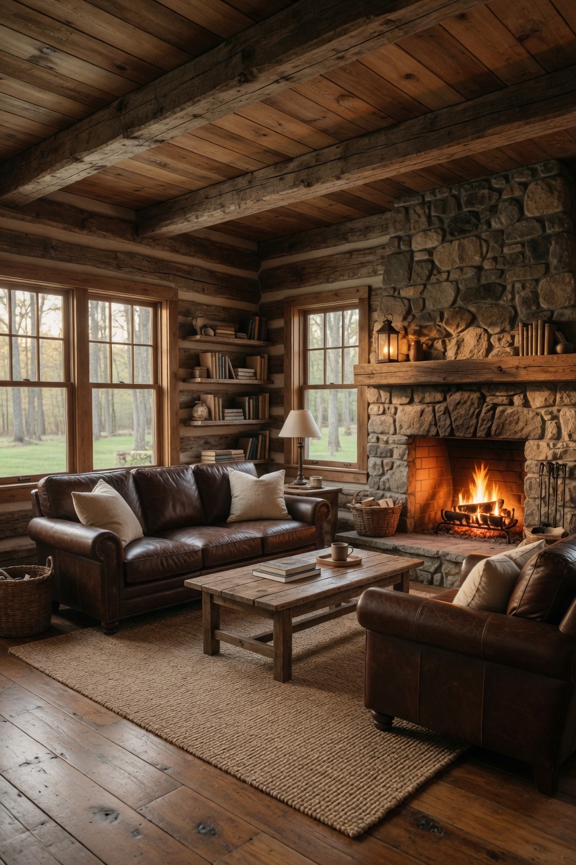 Cozy rustic log cabin living room with stone fireplace and leather sofas
