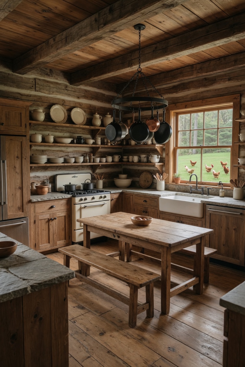 Rustic log cabin kitchen with wooden table, open shelves and farmhouse sink