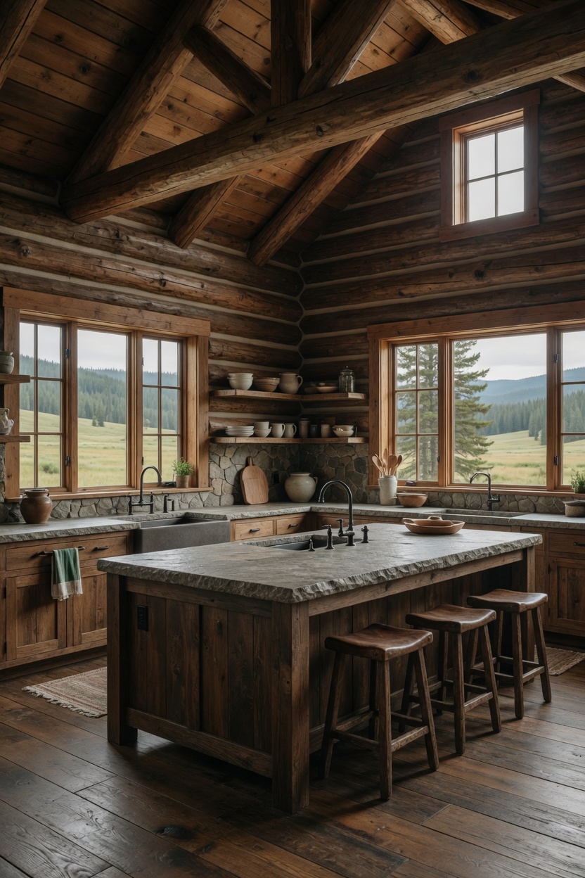 Rustic kitchen in mountain log cabin with wood island and stone counters
