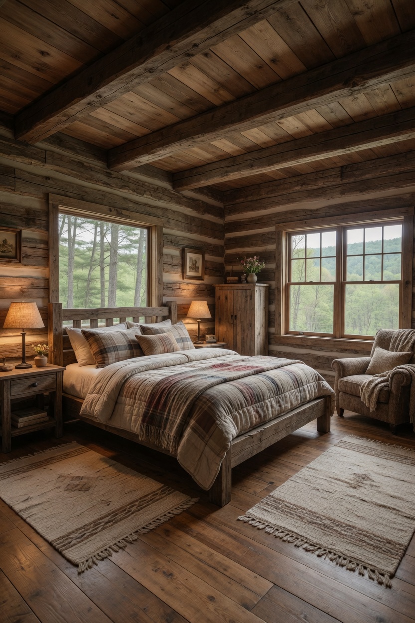 Cozy rustic log cabin bedroom with wooden bed and plaid bedding