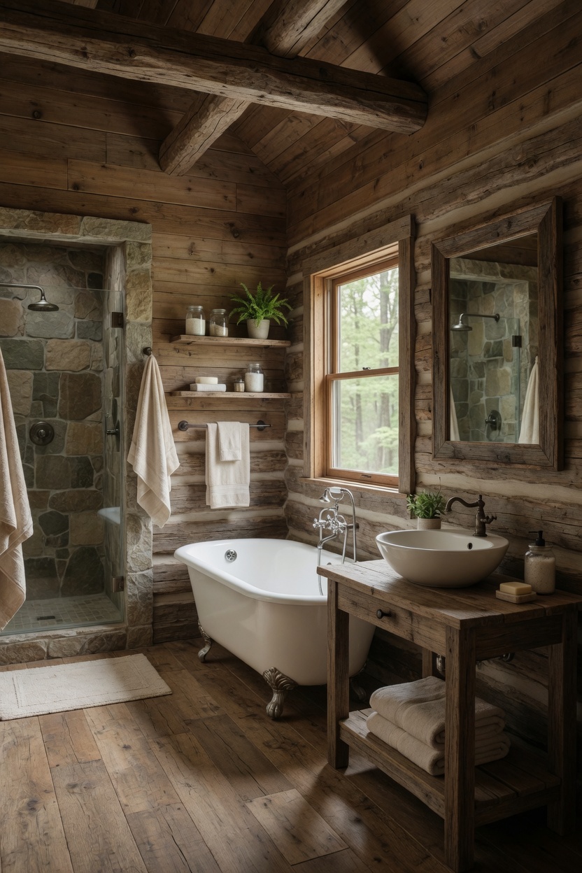 Rustic log cabin bathroom with clawfoot tub and wood vanity
