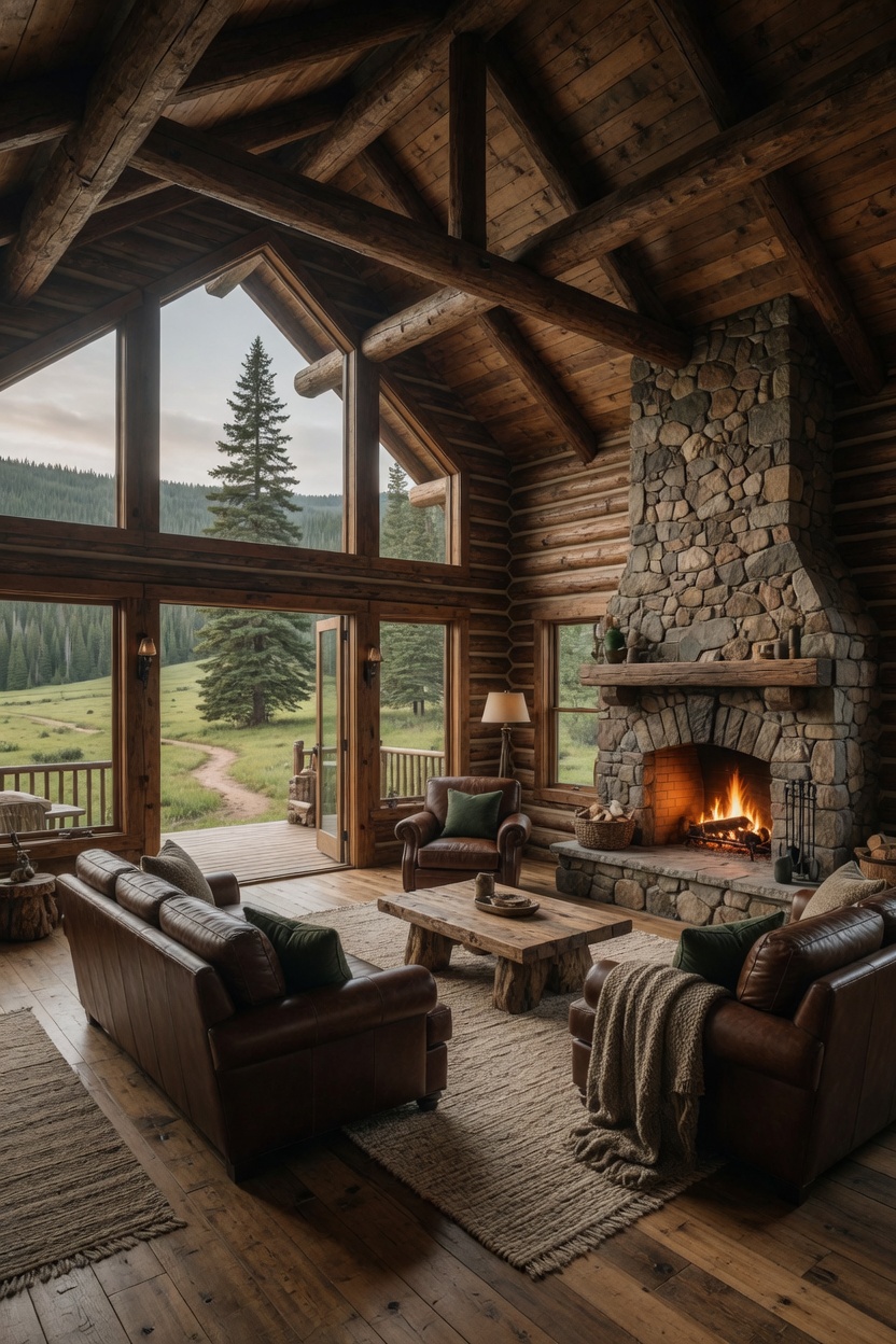 Mountain log cabin living room with stone fireplace and leather sofas